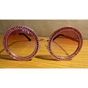 Oval Retro Round Luxury Rhinestone Pink Metal Sunglasses  Glasses